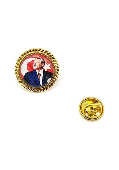 Yuvarlak Atatürk Ve Türk Bayrak Baskılı Yaka Rozeti - 1 Adet Sarı