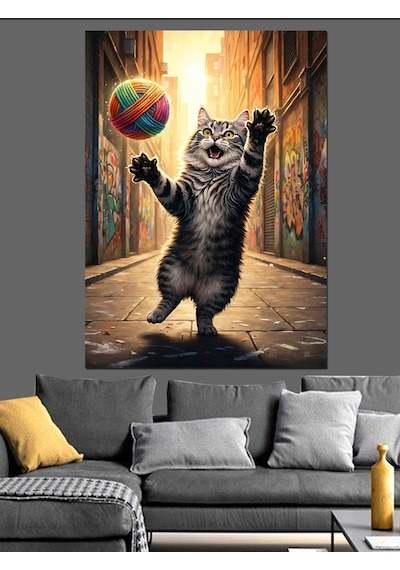 Ahşap Tablo Yumakla Oynayan Kedi Resmi