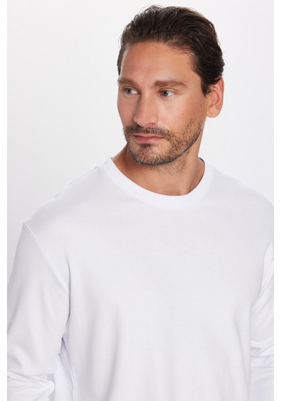 Tudors Unisex Relax Fit Rahat Kesim %100 Pamuk Uzun Kollu Bisiklet Yaka Beyaz Basic Tişört-32653 Beyaz