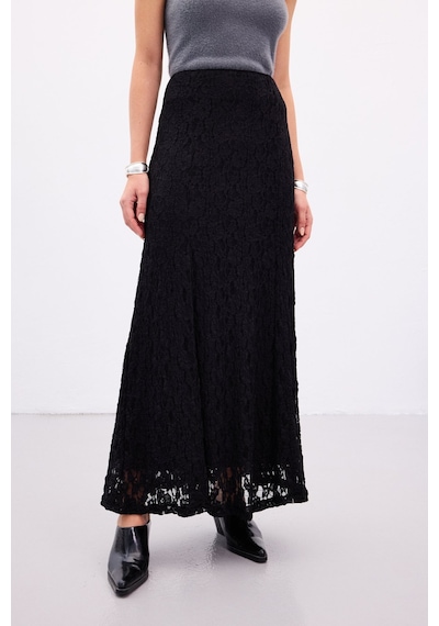 Sateen Dantelli Uzun Etek - Siyah-136891 Siyah