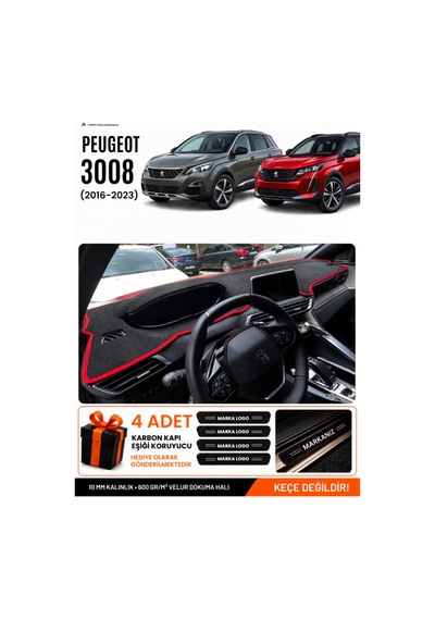 Peugeot 3008 2016-2023 Uyumlu Torpido Örtüsü, Torpido Kılıfı - Siyah Kırmızı