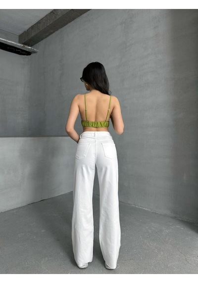 Kene Jeans Kadın Beyaz Yüksek Bel Paça Kesik Bol Paça Jeans Pantolon Beyaz