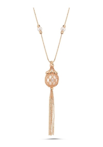 5 Mm Doğal İnci Püsküllü Kolye Gold