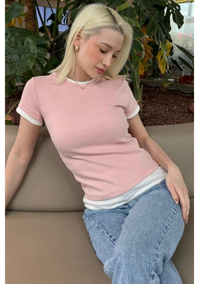 Pudra Bisiklet Yaka Çift Renkli Basic Tişört Mg2682 Pudra
