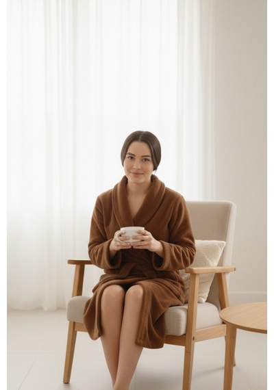 Mislina Home Lumor Şal Yaka Wellsoft Peluş Yumuşak Sabahlık Kahverengi Kahverengi