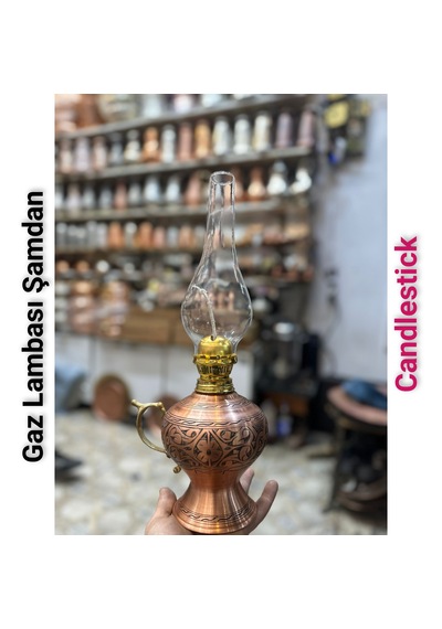 Bakır Gaz Lambası Şamdan Antik Bakır Sarı Gaz Lambası Şamdan