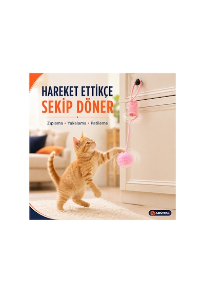 Elastik Yaylı Asılabilir Peluş Ponpon Kedi Oyuncağı 100 Cm