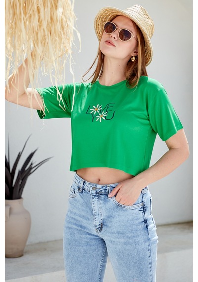 Oversize Baskılı Crop Tişört - Yeşil Yeşil
