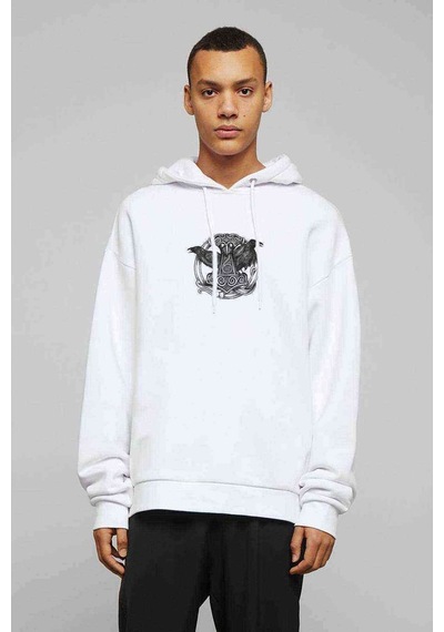 Viking Mitolojisi Odin Raven Baskılı Beyaz Erkek Kapşonlu Sweat