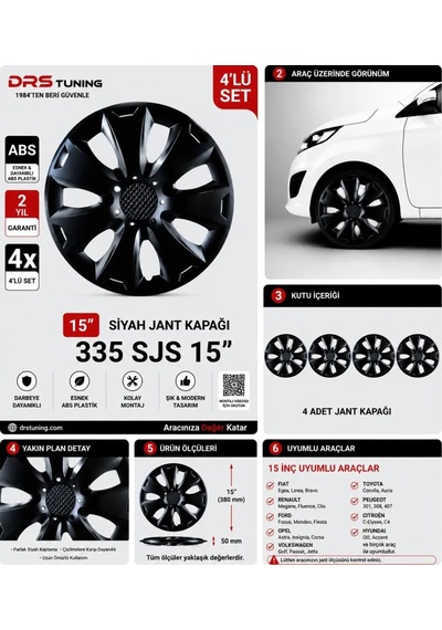 15 Inc Kırılmaz Sks Parlak Siyah Jant Kapağı 1 Takım 4 Adet No:335