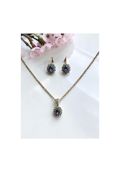 Kristal Taşlı Oval Kolye Ve Küpe Seti Mavi