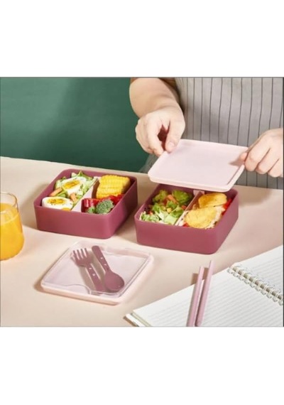 Smart Bölmeli 2 Katlı Çatal Kaşıklı Pembe Beslenme Kabı Kare - Mürdüm 7009