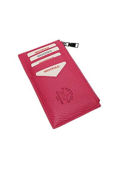 Westpolo Hakiki Deri Fermuarlı Unisex Kartlık - Fuşya Fuşya