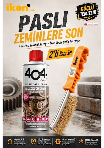İkon Tools 404 Pas Sökücü Sprey + Çelik Tel Fırça 2 Li Hazır Set Pas Ve Kir Temizleme Seti 1'li Paket