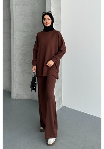 Feela Moda Kadın Modal Penye Oversize Tesettür Tunik Takım 2020 Kahverengi