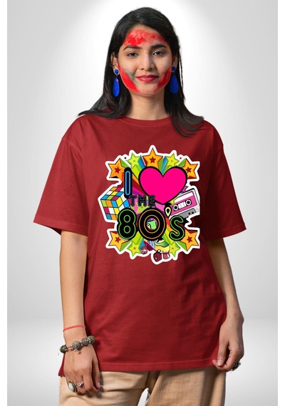 80leri Seviyorum Kaset Ve Özel Hediye Pamuklu Bisiklet Yaka Unisex Oversize Boyfriend Dijital Baskılı Kırmızı T-shirt Kırmızı