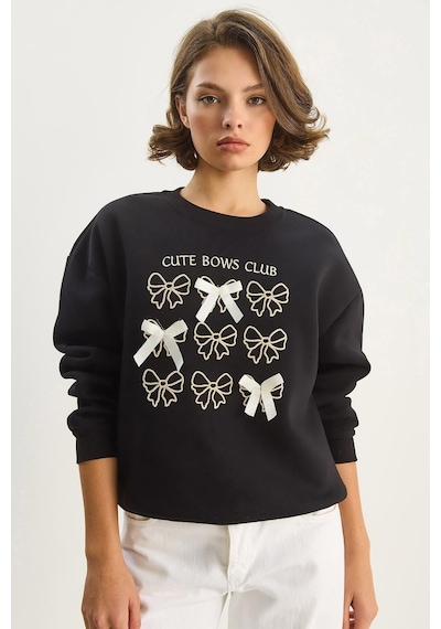 Shade Kadın Fiyonk Nakışlı Kurdele Aksesuarlı Üç İplik Şardonlu Sweatshirt 60601048 - Siyah