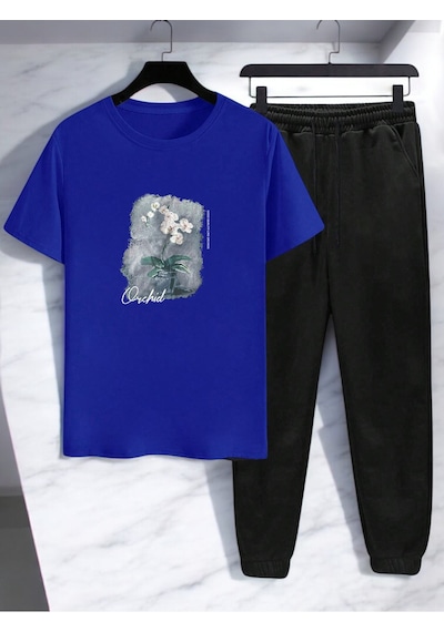 Uyguntarz Unisex Saksı Tasarım Basklı Tshirt Eşofman Takımı Mavi