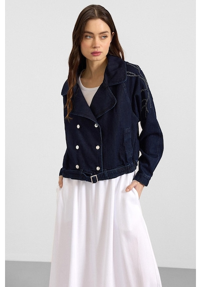 Olcay Kolu Boncuk İşlemeli Astarsız Denim Ceket Lacivert 8283