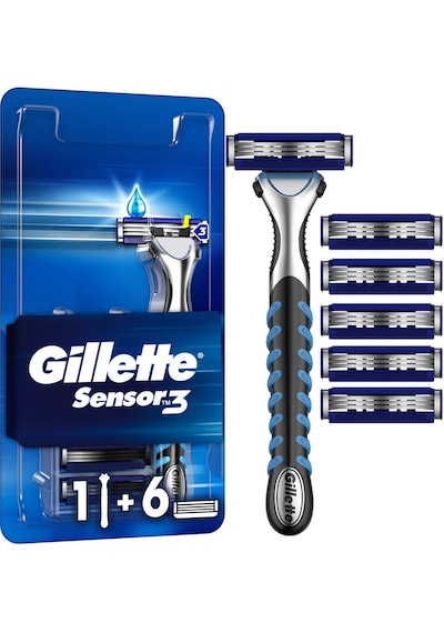 Gillette - Sensor3 Tıraş Bıçağı - 3 Bıçaklı - Kayganlaştırıcı Bant Ve Oynar Başlık - 1 Adet + 6 Yedek Bıçak