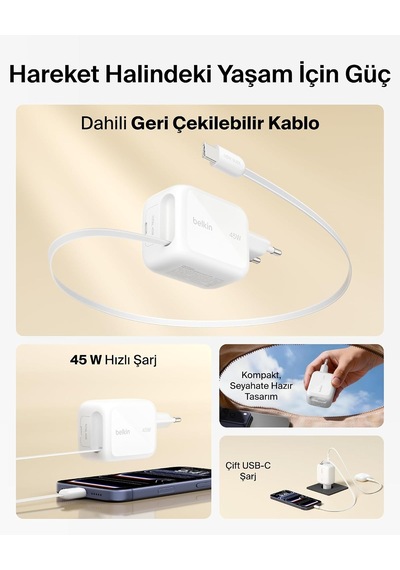 Belkin Ultracharge Usb-c Fiş Tipi Şarj Cihazı 45 W, 0,8 M Geri Çe