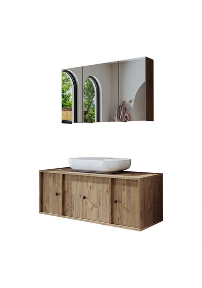 Oval Lavabolu Mat Mdf 120 Cm Banyo Alt Dolabı + Aynalı Dolap Atl Atlantik Çam