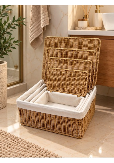 Qerhome 4'lü Kapaklı Hasır Kumaş Astarlı Rattan Organizer Sepet Trn603 Sarı