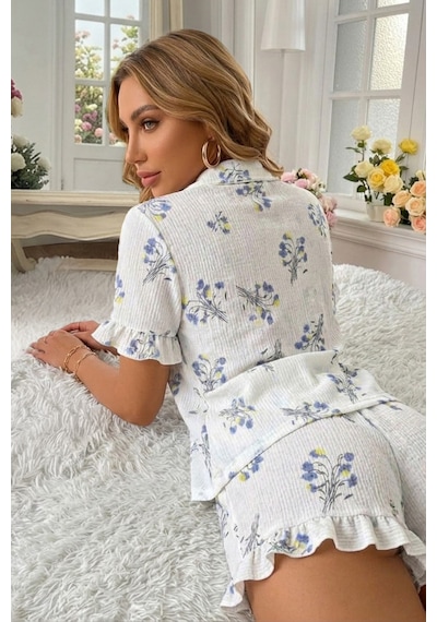 Bella Notte Mavi Çiçek Baskılı Fırfırlı Pijama Takımı