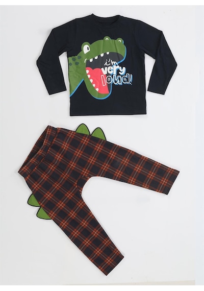 Casabony Ekose Muzip Dino Pantolon + T-shirt Takım-laci Desenli Lacivert