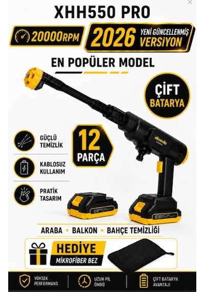 Geseus Çift Akülü Şarjlı Yüksek Basınçlı Oto Yıkama Tabancası - Araba, Halı, Klima Temizleme & Bahçe Sulama Makinesi - Xhh550pro