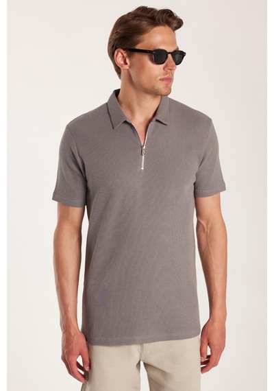Tudors Erkek Slim Fit Dar Kesim %100 Pamuk Fermuarlı Gri Polo Yaka Tişört-33940 Gri