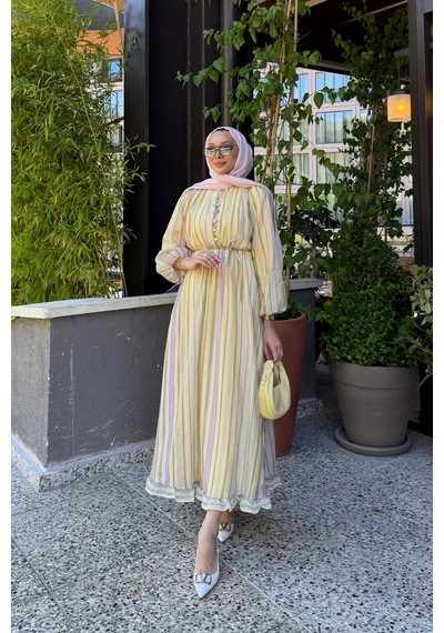 Riella Butik Nelia Düğme Detaylı Balon Kol Tesettür Elbise Sarı