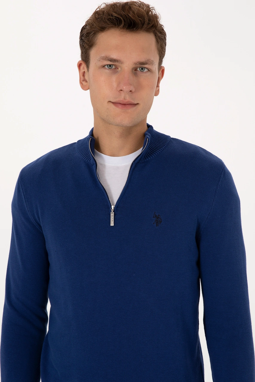 U.S. Polo Assn. Erkek Slim Fit Yarım Fermuarlı İndigo Basic Kazak 50313695-VR028
