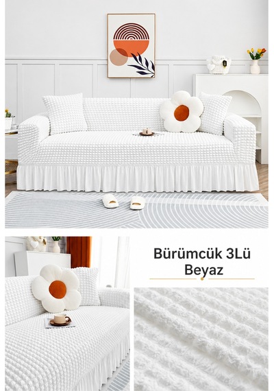 Bürümcük 3 Kişilik Koltuk Örtüsü. Etekli Koltuk Kılıfı. Çekyat Kanepe Örtüsü. 1 Adet Beyaz - 876024568 Beyaz