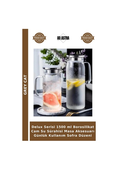Delux Serisi 1500 Ml Borosilikat Cam Su Sürahisi Masa Aksesuarı Günlük Kullanım Sofra Düzeni
