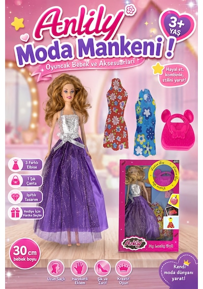 Anlily Moda Mankeni Oyuncak Bebek 30 Cm - 3 Farklı Elbise Ve Çanta Aksesuarlı Eklemli Bebek