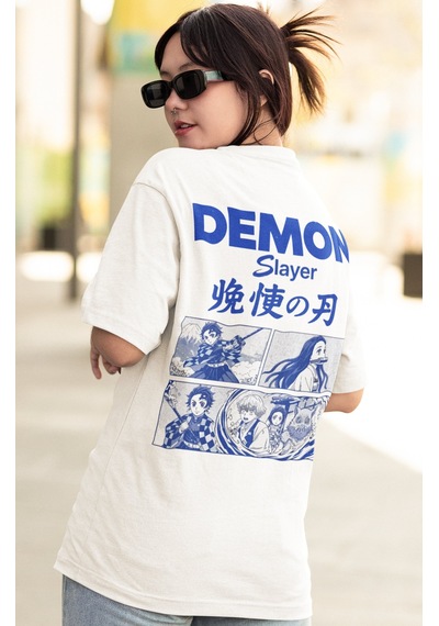 Sevbano Demon Slayer Kimetsu No Yaiba Anime Sırt Baskılı Unisex Oversize Beyaz