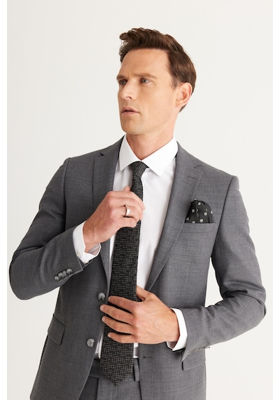 AC&Co / Altınyıldız Classics Erkek Gri Slim Fit Dar Kesim Mono Yaka Cordura Kumaş Yünlü Takım Elbise Gri