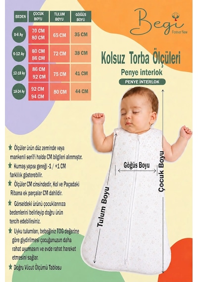 Begi 1.5 Tog Askılı Çıtçıtlı İç Astarlı Kundak Uyku Tulumu %100 Pamuk 12-18 Ay