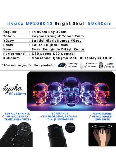 90x40cm Bright Skull Xxl Büyük Boy İlyuka Gaming Oyuncu Mousepad