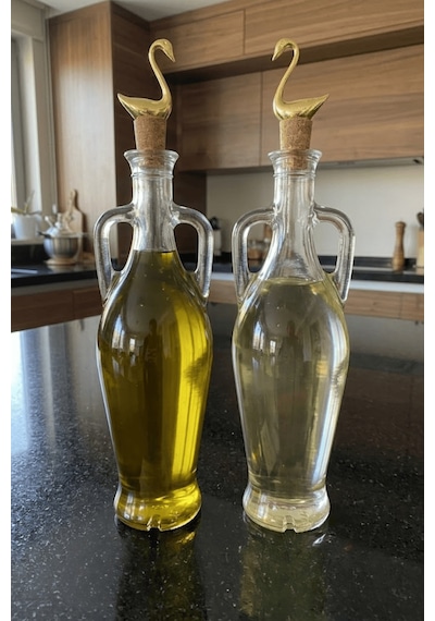 2'li Amfora Model Kuğu Mantar Tıpalı Cam Yağ Şişesi - 750ml. Şeffaf Sirke Limon Suyu Şişesi - Kuğu Şeffaf