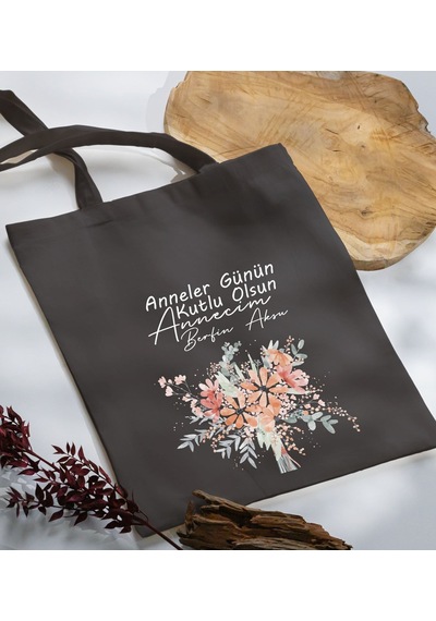 Bk Gift Kişiye Özel İsimli Anneler Günü Tasarımlı Antrasit Kumaş Bez Çanta, Baskılı Omuz Çantası, Alışveriş Çantası, Anneler Günü Hediyesi, Anneye Hediye-9 Sarı