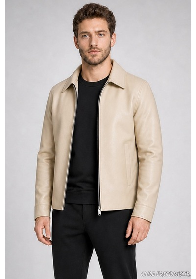 Freemen Erkek Kürklü Polo Yaka Regular Fit Suni Deri Ceket-424 Bej