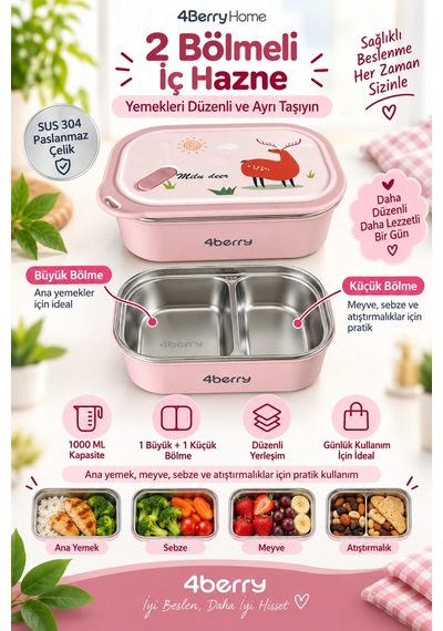2 Bölmeli Yemek Termosu - Pembe Geyik Desenli Beslenme Kabı - 1000 Ml, Sızdırmaz, Kaşıklı, Paslanmaz Çelik