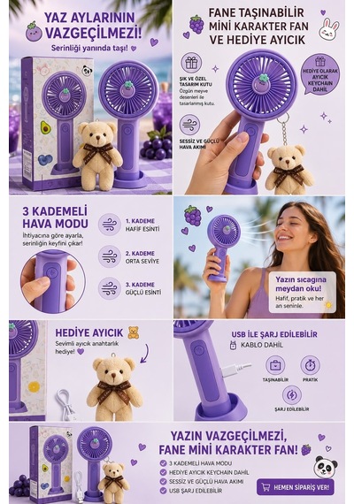 Taşınabilir Mini Fan Peluş Ayıcık Hediyeli Telefon Standlı Masaüstü Fan