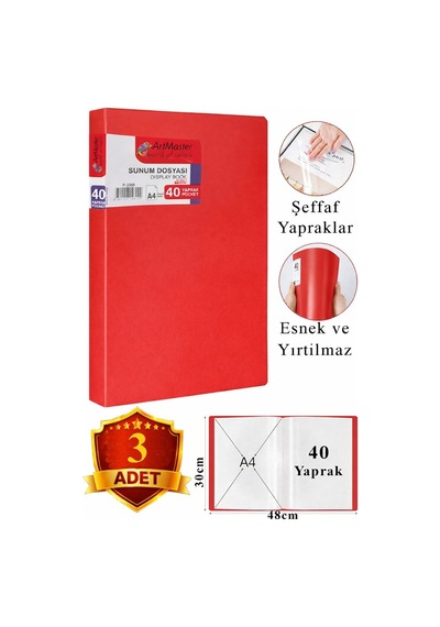 Kırmızı Sunum Dosyası 40 Lı 3 Adet Poşet Dosyalı Katalog Dosyası 40 Poşetli Kendinden Dosya Plastik Kapaklı