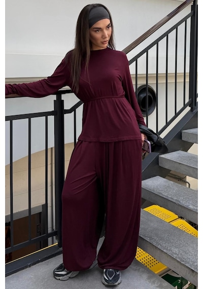 Madmext Bordo Likralı Modal Şalvar Takım Mg2784