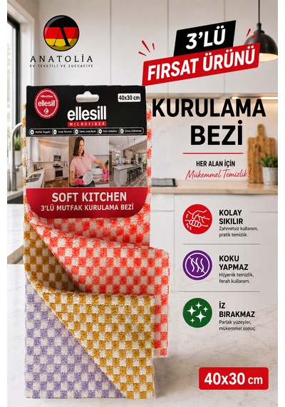 Ellesill Soft Kitchen 3 Lü Mutfak Bezi 40x30 Cm - Koku Yapmaz Tezgah Bezi, Kurulama Bezi, Temizlik Bezi Mix