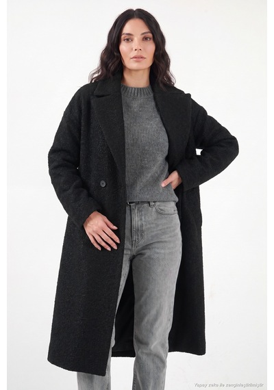 Lela Oversize Fit Mono Yaka Düğmeli Buklet Uzun Kaşe Kaban Kadın Kaban 6811997 Siyah