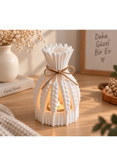 Başak Dekoratif Desenli Tealight Mumluk Feneri Beyaz